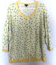 Talbots White Dotted Lemons Charming Cardigan Womens Plus 3X Yellow