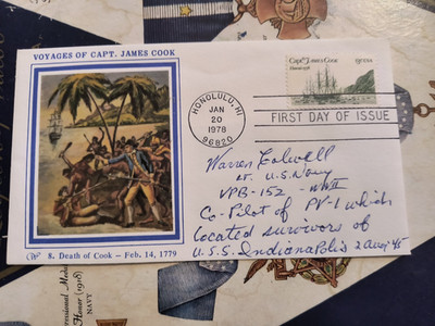 WWII Co-Pilot Lt. WARREN COLWELL VPB-152 First to Spot INDY Survivors Signed FDC