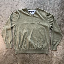 Tommy Hilfiger Mens Large Olive Green V Neck Sweater 100 Cotton Logo Preppy L