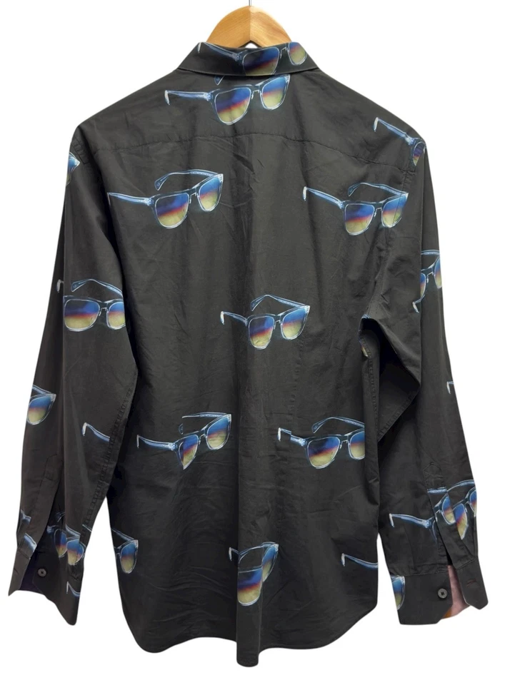 Óculos de sol Paul Smith masculino tamanho grande preto botão gráfico frontal camisa L/S Itália - Imagem 4 de 4