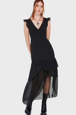 Killstar Misty Hollow High-Low Dress Womens Black V-Neck Goth Alternative