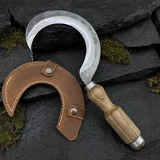 Hand Forged Sickle with Leather Sheath - 52100 Carbon Steel Blade. Ash Handle.