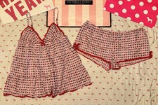 VICTORIA  S SECRET POUT VINTAGE SET BABYDOLL LACE TANK  SHORTS CANDY HEARTS RARE