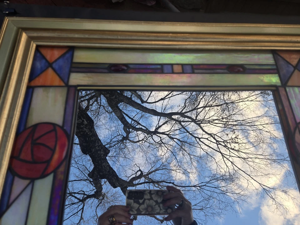 ESPELHO DE PAREDE grande DALE TIFFANY Art Deco moldura de madeira e vitral pesado - Imagem 4 de 4