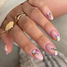 French Tip Press on Nails Medium Acrylic Nails with Flowers Design Almond Fake N
