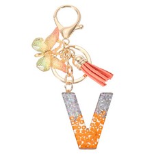 Alphabet V Tassel Butterfly Initial Letter Keychain Orange/Silver, Pack of 1