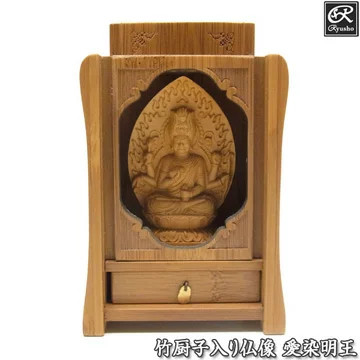 Aizen Myoo Seated Wooden Buddhist Statue in a Bamboo Cabinet [Ryusho]