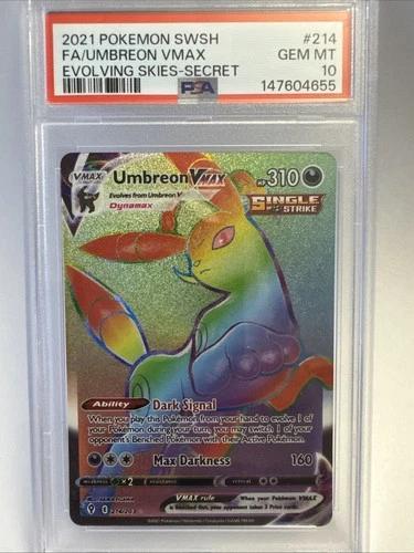 Umbreon VMAX Rainbow Secret Rare Card 214/203 Evolving Skies, PSA 10