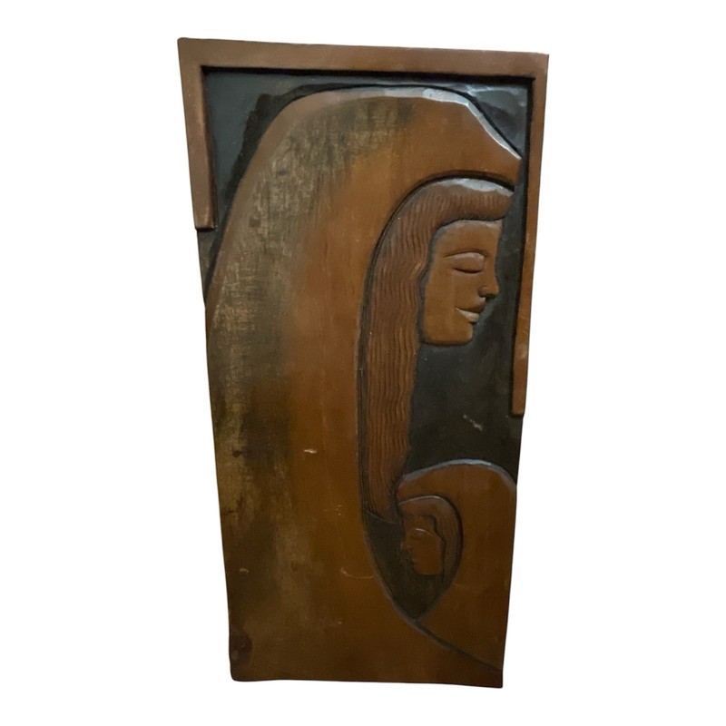Vintage Mid Century Wood Relief Carving Wall Plaque Brutalist Mother Child Art