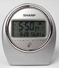 Sharp Atomic Desktop Alarm Clock SPC364 Silver Digital Self Setting Travel Clock