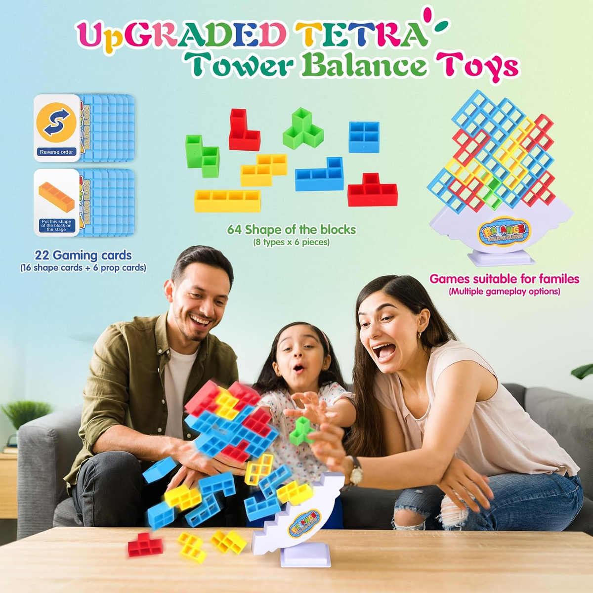 64Pcs Tetra Tower Game, Family Board for 2 Players Family Games 