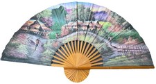 X-Large Hand Painted Asian Fan Wall Art Beautiful Village Trees 60" x 35"