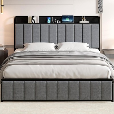 Queen Bed Frame with Upholstered Headboard & Charging Station, Grey/Black