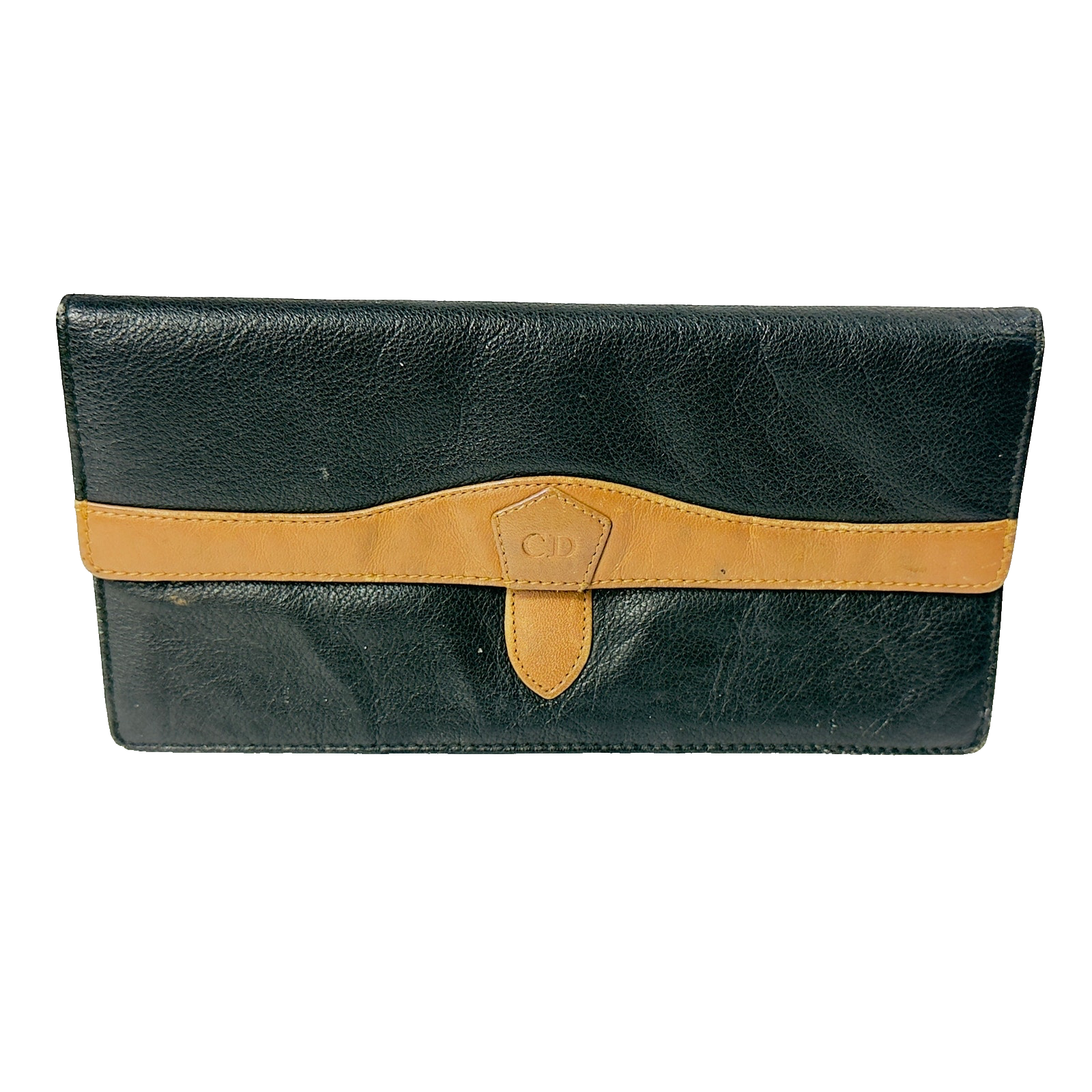 Vintage 80s Christian Dior Black Tan Leather Envelope Wallet Runway