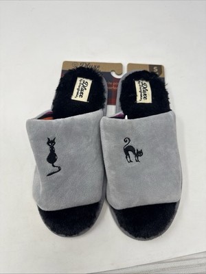 Women's Dluxe Dearfoams Halloween Black Cat Slippers Memory Foam Gray S 5-6 NWT