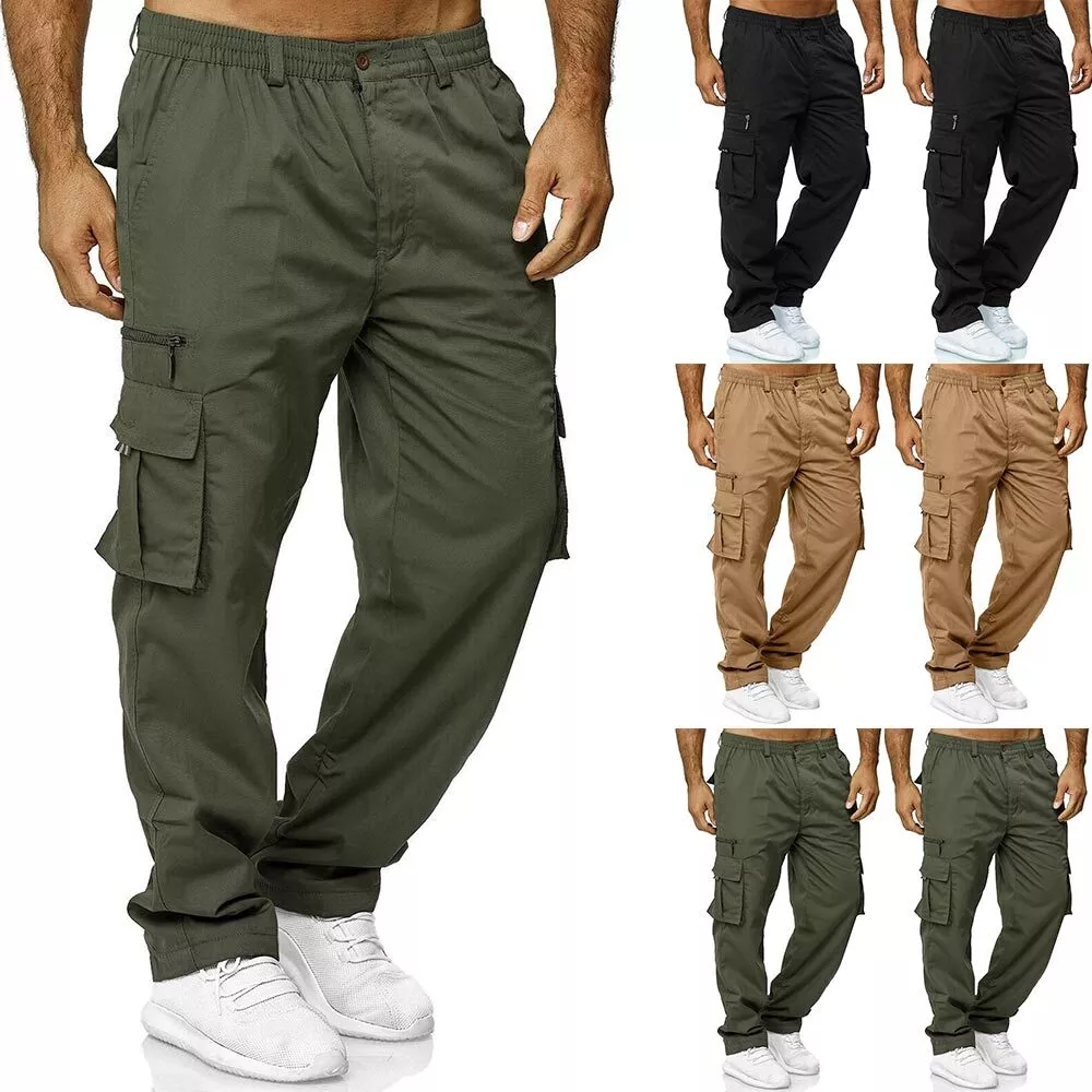 UK Mens Stretch Cargo Combat Work Pants Multi Pockets Elastic Waist Trousers New