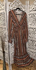 Women’s Rust Olive Boho Stripe SURPLICE Bubble Sleeve Maxi Dress Small