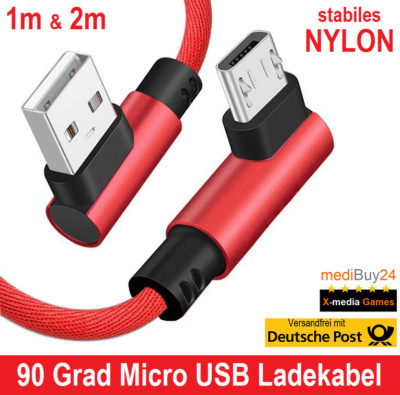 Micro USB Ladekabel, 90 Grad Winkel, Handy Huawei Sam­sung Xiaomi LG 1m, 2m, Rot