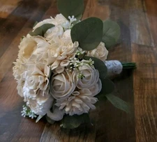 White Bridal Bouquet & Boutonniere Set Ivory Sola Wood Flower Bridesmaid Groom