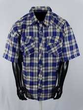 Men Plaid Western Pockets Short Sleeve Shirt Blue Khaki Snap Up 3X, 4X