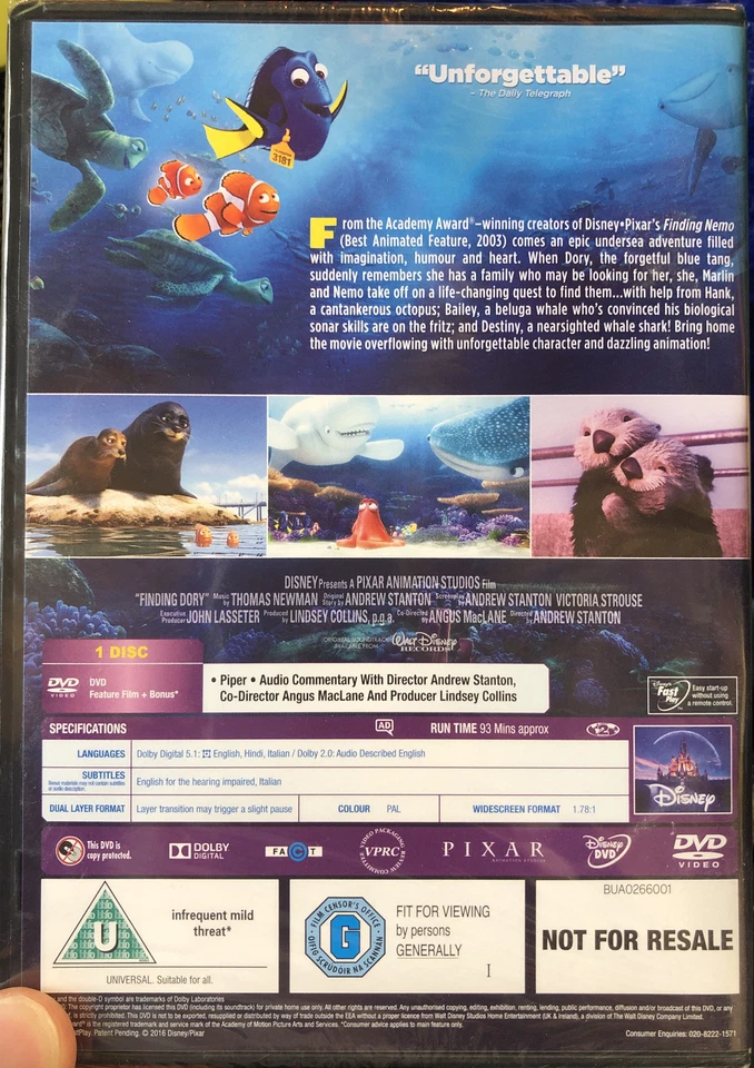 Finding Dory 2016 Pixar Walt Disney Animation Kids Children’s Family DVD Nemo - Image 2 of 2