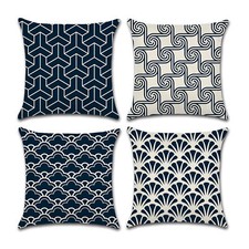 Set of 4 Pillow Covers 18x18 Blue Themed Geometrical Pattern Cotton Linen Fabric