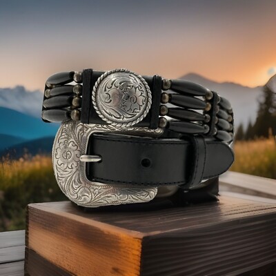 Vintage Tony Lama Black Leather Western Belt with Blue & White Beadwork Tony Lama Belts - Etsy main image 3