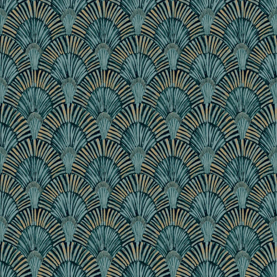 Papel pintado Grandeco Jungle Fever JF3001 verde azul oro plumas de pavo real (5,01 €/1 m²)
