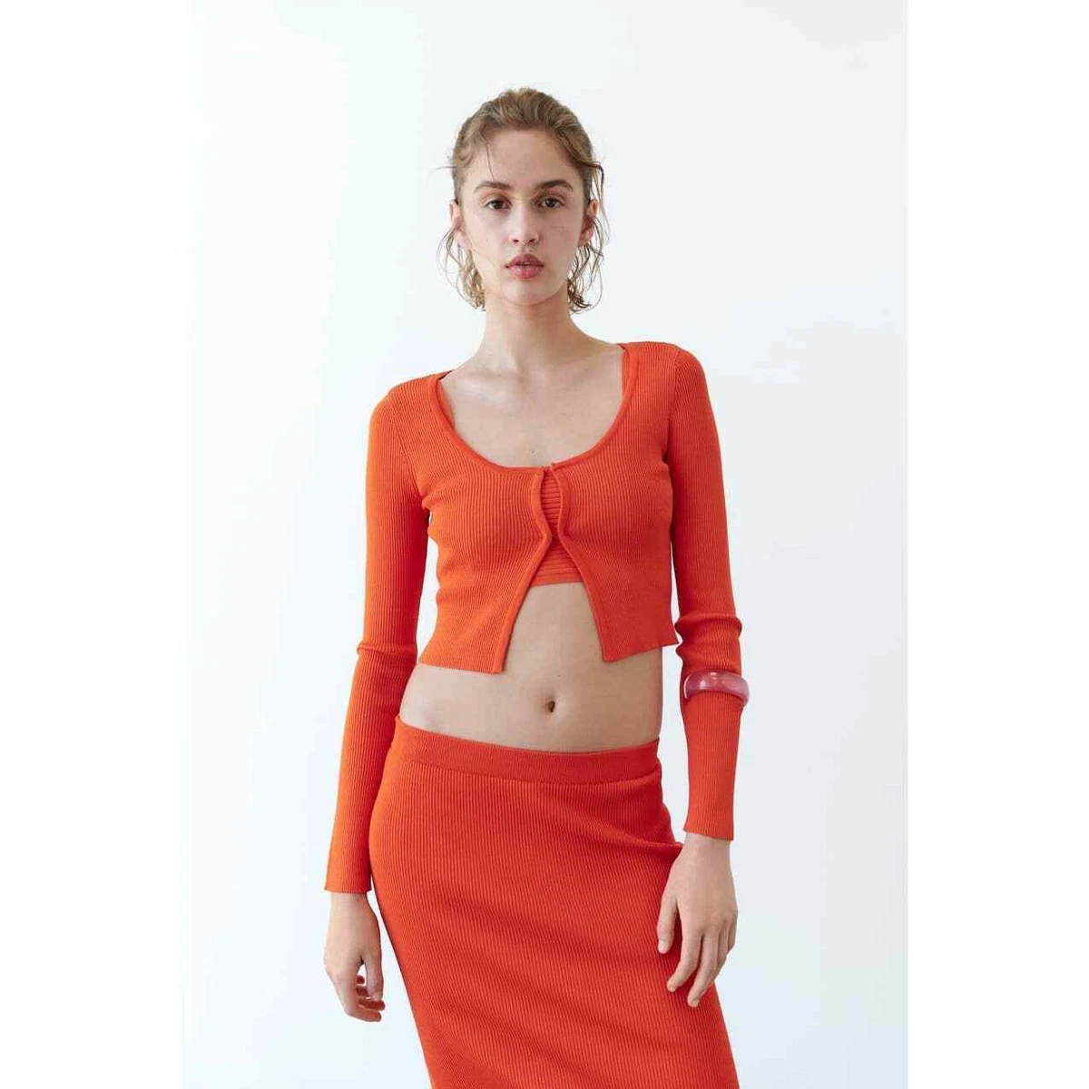 ZARA Ribbed knit cropped cardigan orange 3646/008