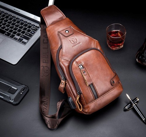Leather Men Sling Bags Travel Crossbody Chest Bag Hiking Daypack with USB Cha... - 第 7/7 張圖片