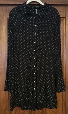 Free People Black Polka Dot Long Sleeve Button Up Shirt Dress Collar Large