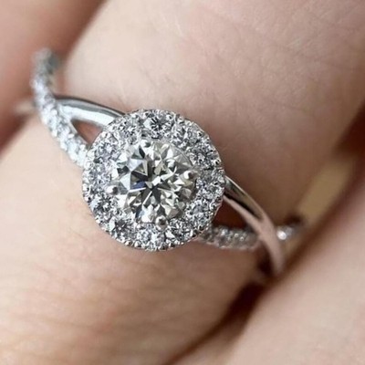 1.0 CTW Round Halo Moissanite Engagement Ring 925 Sterling Silver Twisted Ring