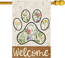 Welcome Dog Paw Large Wildflowers Leaves Spring House Flag Burlap 28X40 Inch Ver