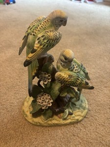 Porcelain Budgerigar Parakeet Figurine Double Birds on Branch with Flowers