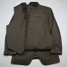 Vtg Y2K 2000s Boxy 3 Piece 42R 32x32 Brown Herringbone 100 Wool Mens Suit