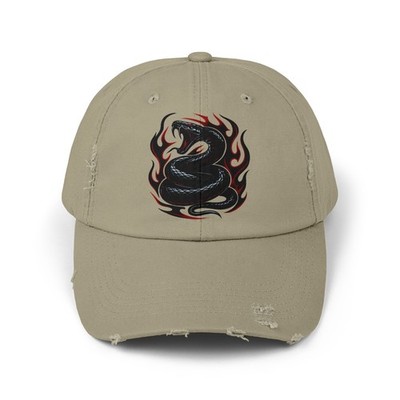 Unisex Distressed Hat Venomous Snake in Tribal Flames