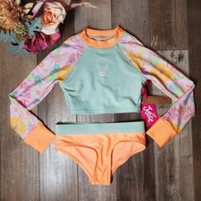 NEW Justice Girls 2pc Rash Guard Kids Swim Set w/ Hipster Bottom Size 5/6 Coral