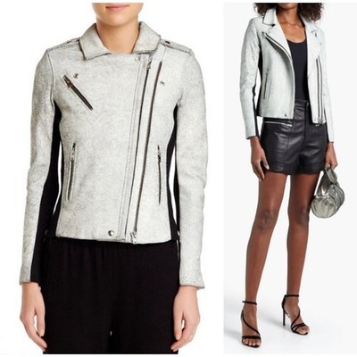 IRO Paris Ilaria White Cracked Leather Biker Moto Jacket 34 Size 2 Cream