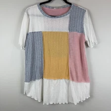Sugarfox Top Womens Medium Multicolor Patchwork Striped Blouse Cottage Dainty
