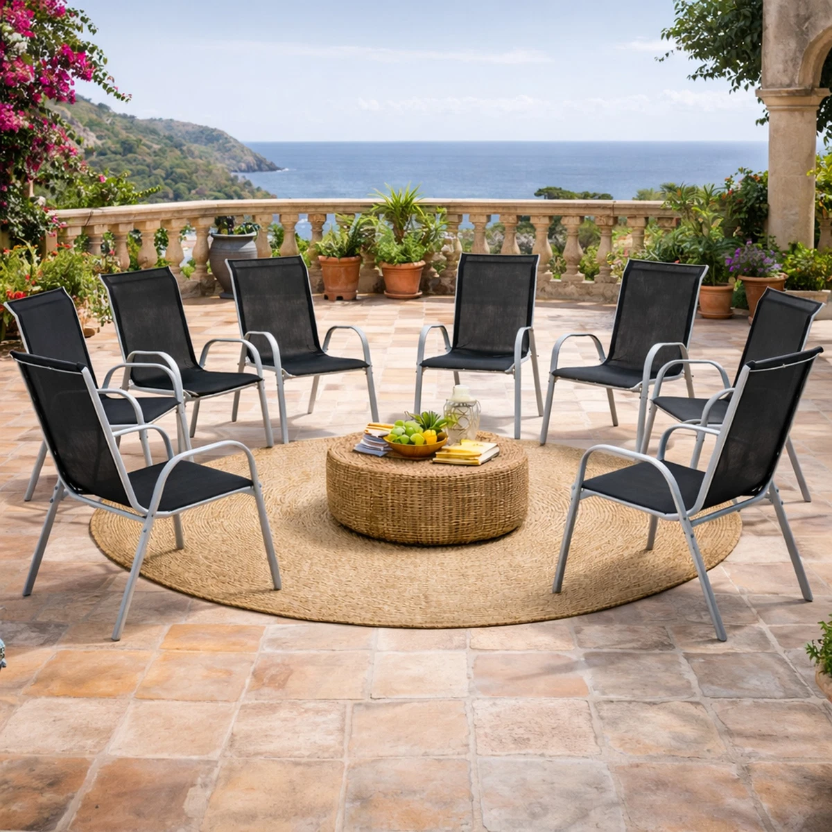 8 uds. Silla apilable silla apilable de metal - textiles color plata - negro