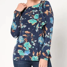 Susan Graver Size 2X Navy/Jade Foil Printed Liquid Knit LS Top w/ Tie Detail