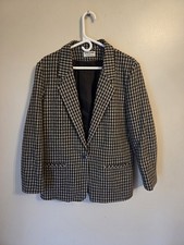 Vintage 90s Alfred Dunner Houndstooth Black Wool Blend Blazer Jacket Womens 14