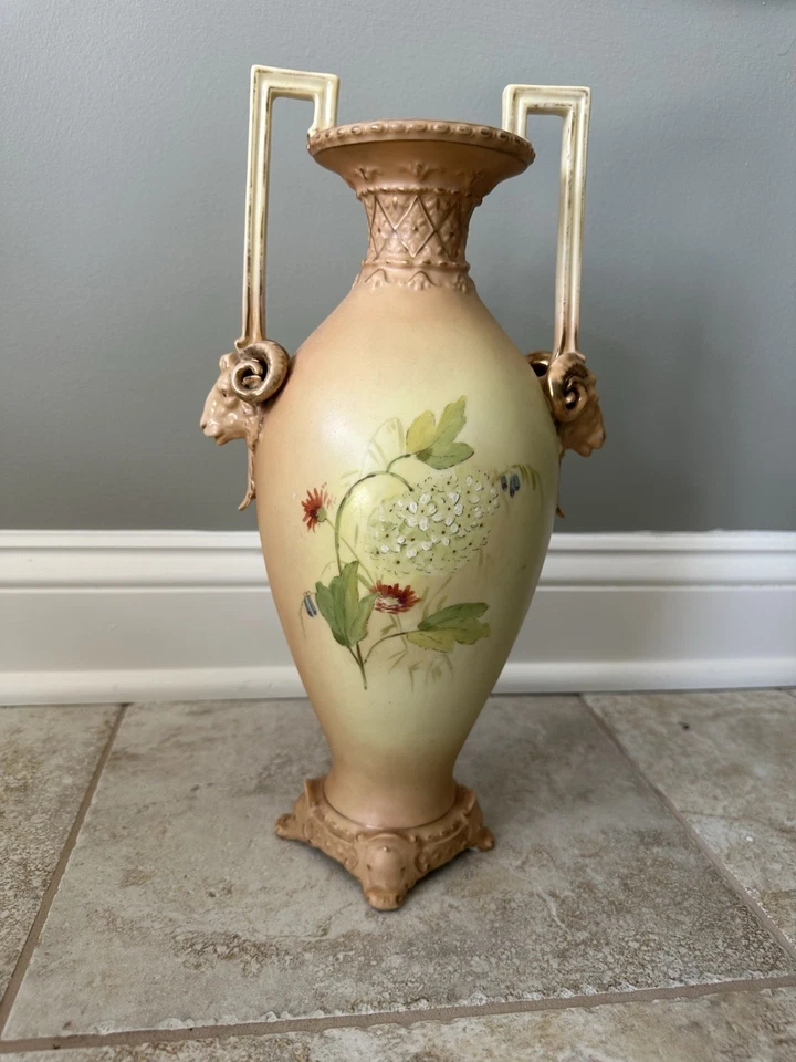 RW Rudolstadt Germany Antique Porcelain Vase with Handles Floral Green Yellow - Image 2 of 4