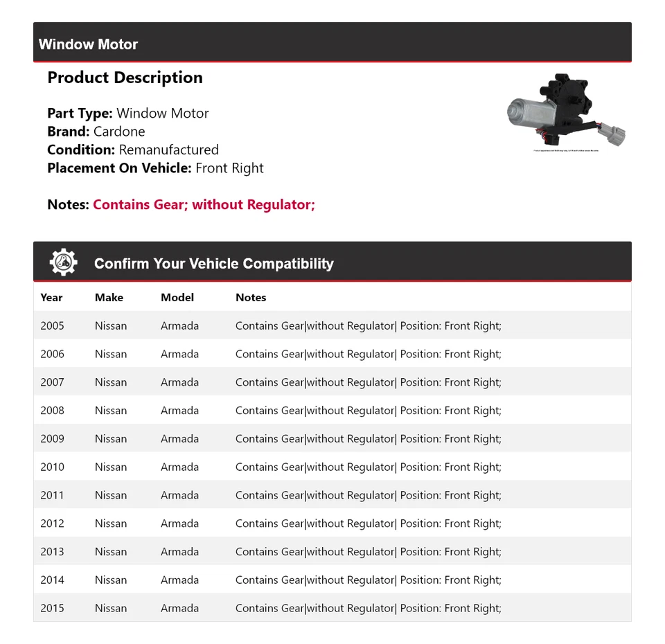 Motor ventana delantera derecha cardone 2006 2007 2008 2009 Nissan Armada 2005-2015 Foto 2 de 4