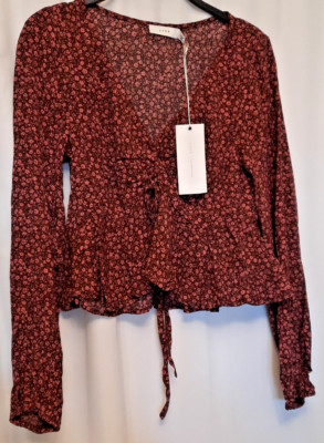 Lush blouse shirt small NWT brownish burgundy ruffle and tie