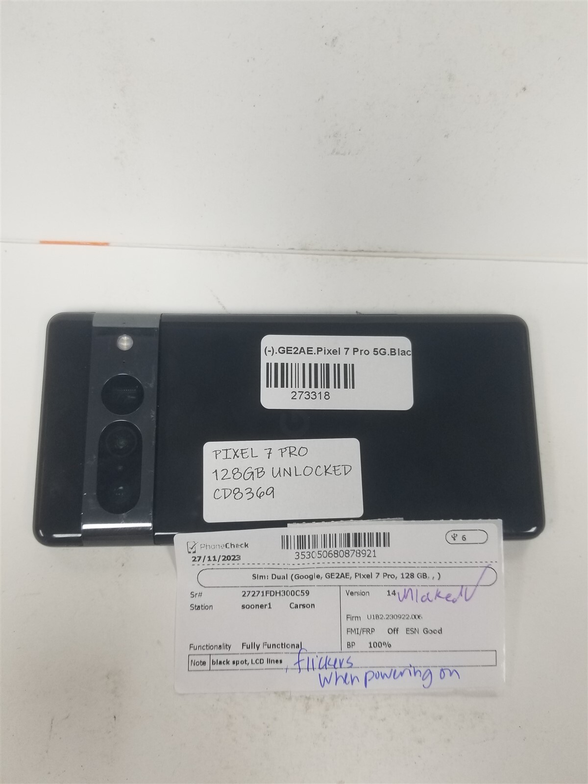 GOOGEL PIXEL 7 PRO 128GB BLACK GE2AE (UNLOCKED) DAMAGED CD8369