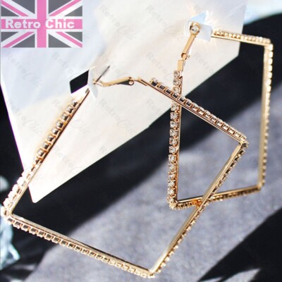 10cm BLING 8cm x 8cm QUADRAT CREOLEN OHRRINGE große Kristall Creolen GOLD PLTD Strass