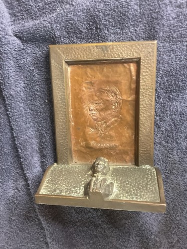 Antique Bronze Lincoln , Copper Roosevelt Statue Bookend Unusual - Picture 10 of 11