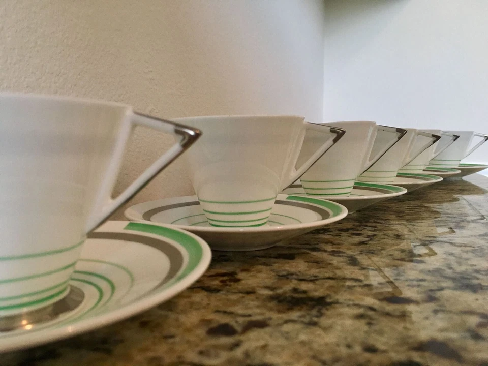 Shelley Eve 12480 Green Silver Lines Demitasse Set 6x Tazas Platillos Cafetera Foto 2 de 4