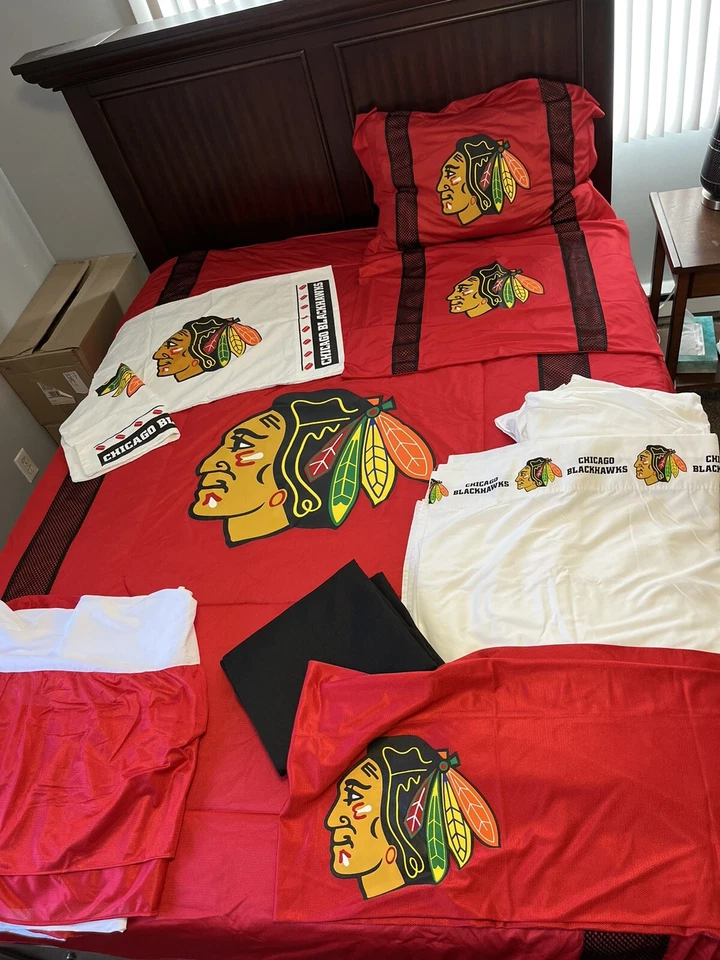 Chicago Blackhawks Cama en Bolsa Queen Set Edredón Cortinas Sábanas AlmohadaSham NHL Foto 2 de 4